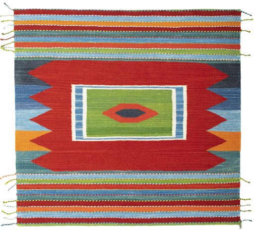 Full view of New Kilim Sofre rug from Turkey, 110 × 116 cm in Multi Color tones