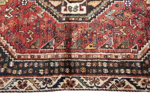 Full view of 2000s Shiraz rug from Iran / Persia, 156 × 108 cm in Red tones