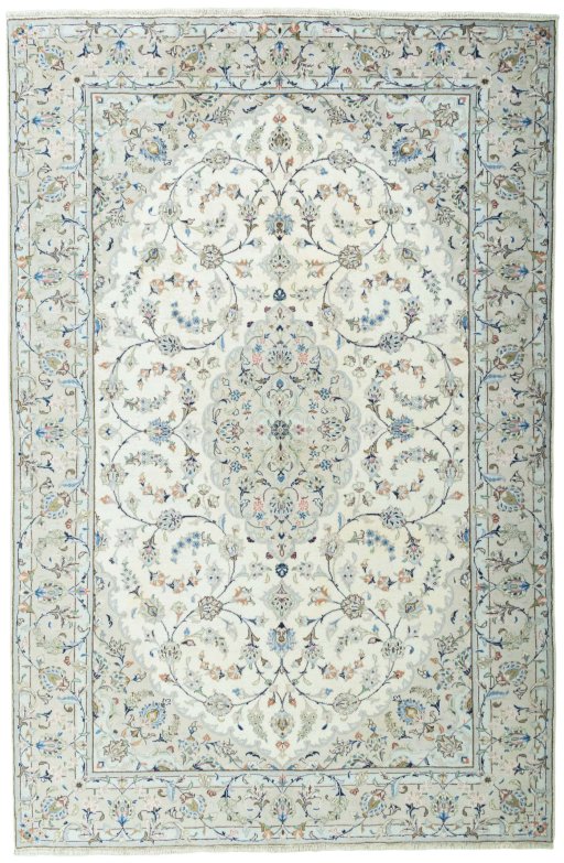Full view of New Kashan rug from Iran / Persia, 294 × 194 cm in Beige tones