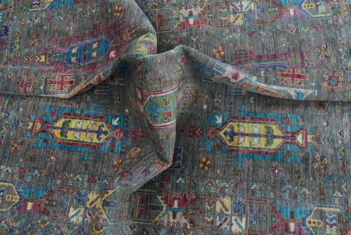 Full view of New Samarkand rug from Pakistan, 235 × 166 cm in Gray tones