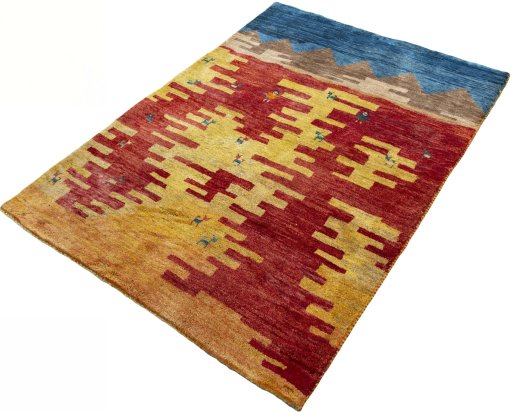Corner detail of 2000s Persian Gabbeh rug showing border pattern and Wool pile