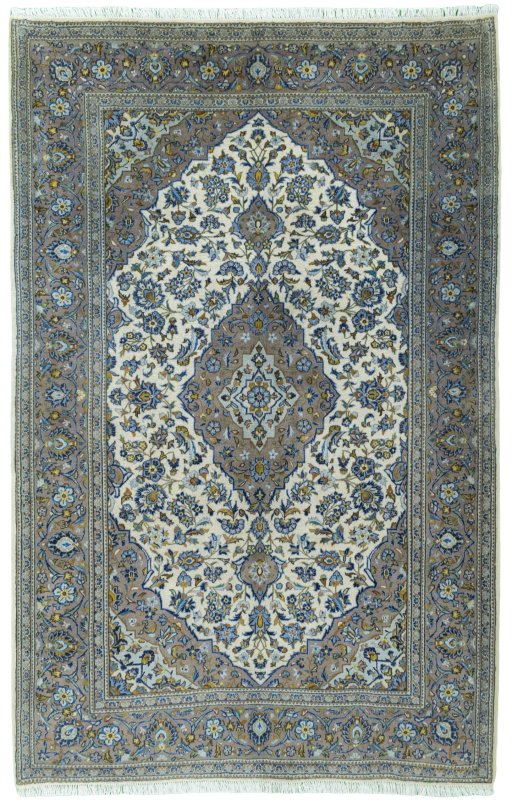 Full view of 2000s Kashan rug from Iran / Persia, 237 × 152 cm in Beige tones
