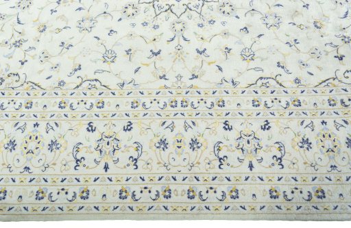 Full view of 2000s Kashan rug from Iran / Persia, 349 × 249 cm in Beige tones