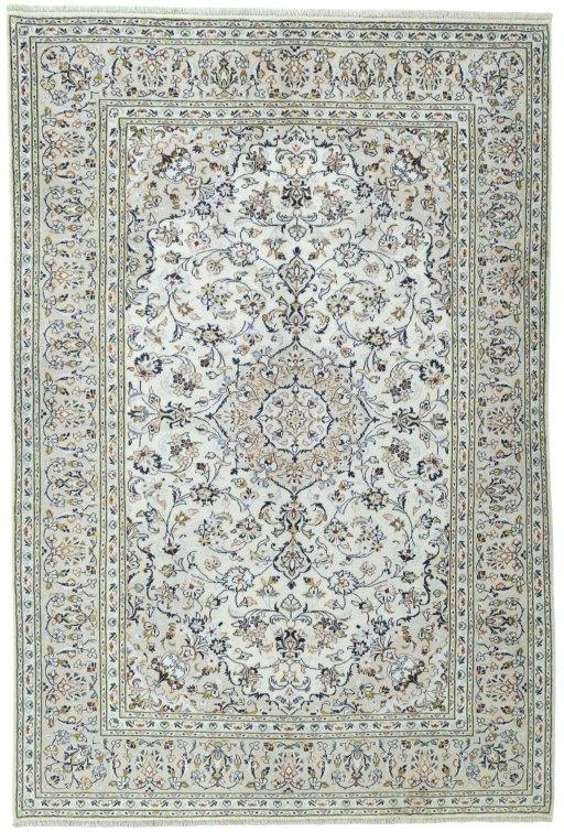 Full view of 2000s Kashan rug from Iran / Persia, 300 × 200 cm in Beige tones