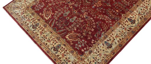 Backside of handmade New Farahan rug showing knot structure and weave density