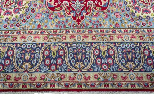 Full view of 1970s Kerman rug from Iran / Persia, 395 × 302 cm in Red tones