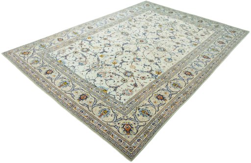 Corner detail of 2000s Kashan rug showing border pattern and Wool pile