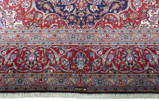 Full view of New Kashan rug from Iran / Persia, 385 × 306 cm in Blue tones