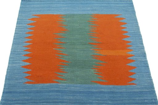 Corner detail of New Kilim Sofre rug showing border pattern and Wool pile