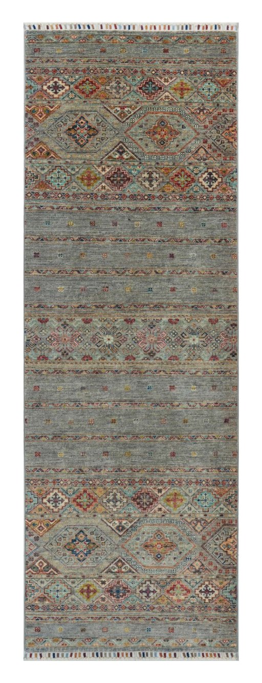 Full view of New Samarkand rug from Pakistan, 248 × 84 cm in Gray tones