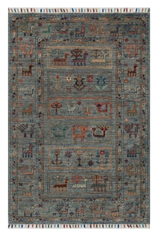 Full view of New Samarkand rug from Pakistan, 121 × 82 cm in Gray tones