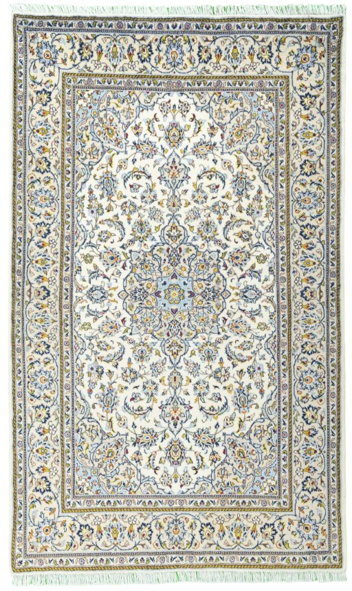 Full view of 2000s Kashan rug from Iran / Persia, 222 × 134 cm in Beige tones