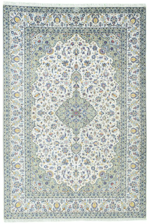 Full view of New Kashan rug from Iran / Persia, 305 × 206 cm in Beige tones