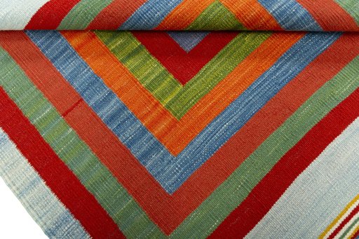 Full view of New Kilim Sofre rug from Turkey, 107 × 99 cm in Multi Color tones
