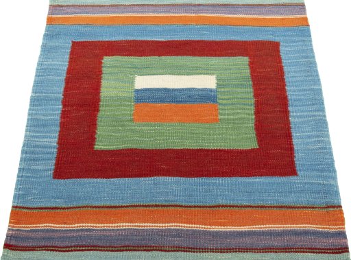 Close-up detail of New Kilim Sofre rug from Turkey showing Wool weave