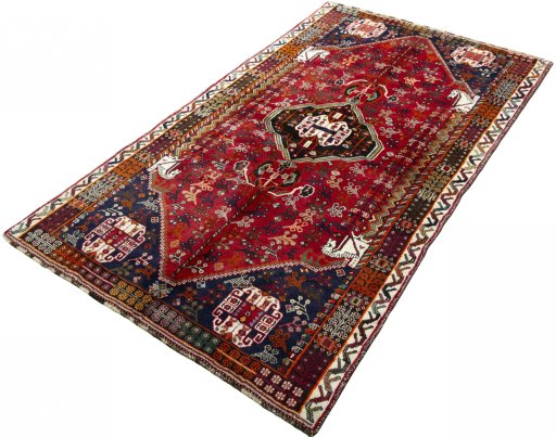 Corner detail of 1970s Shiraz rug showing border pattern and Wool pile