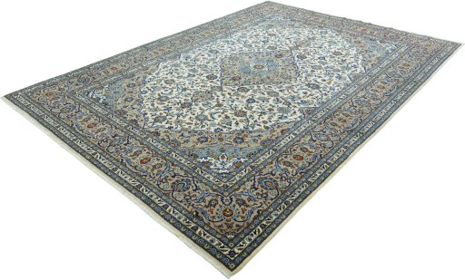 Corner detail of 2000s Kashan rug showing border pattern and Wool pile