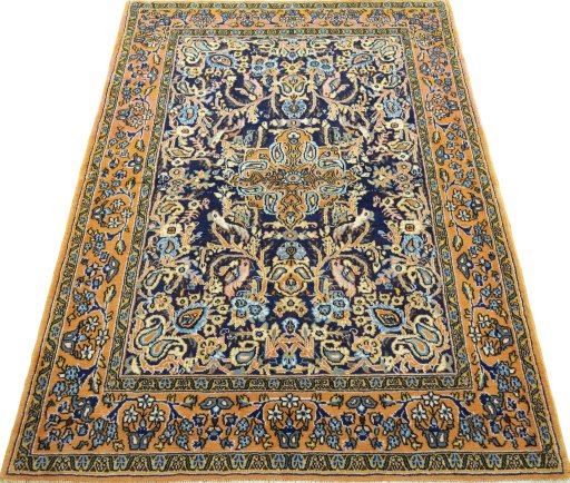Surface texture of 1970s Ghom rug with natural Wool and intricate pattern