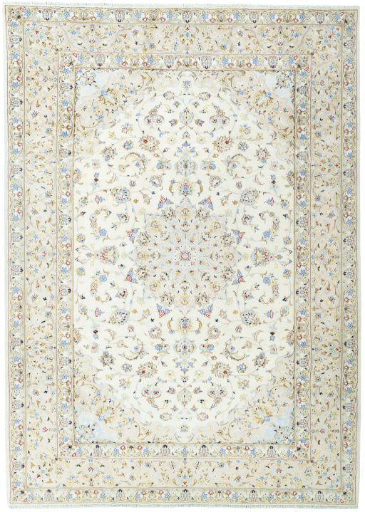 Full view of New Kashan rug from Iran / Persia, 355 × 255 cm in Beige tones