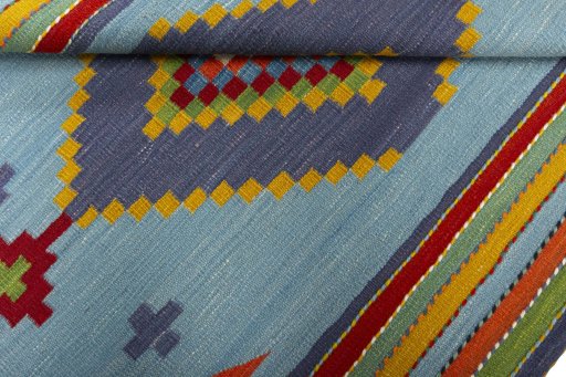 Full view of New Kilim Sofre rug from Turkey, 107 × 117 cm in Multi Color tones