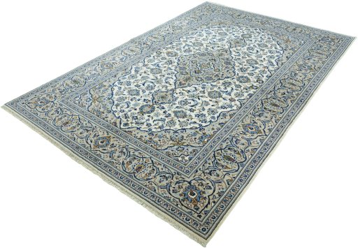 Corner detail of 2000s Kashan rug showing border pattern and Wool pile