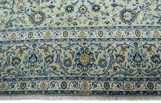 Full view of 2000s Kashan rug from Iran / Persia, 430 × 325 cm in Green tones