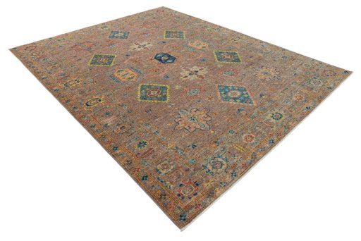 Corner detail of New Kazak rug showing border pattern and Wool pile
