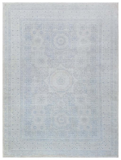 Full view of New Mamluk rug from Pakistan, 430 × 313 cm in Beige tones