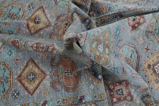 Full view of New Kazak rug from Pakistan, 296 × 199 cm in Gray tones