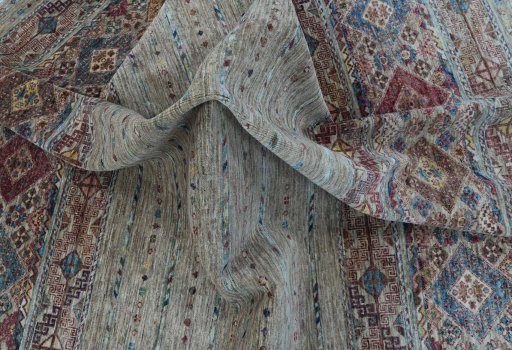 Full view of New Samarkand rug from Pakistan, 225 × 171 cm in Beige tones