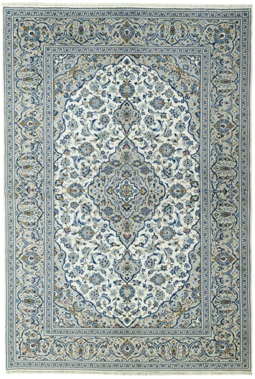 Full view of 2000s Kashan rug from Iran / Persia, 291 × 198 cm in Beige tones