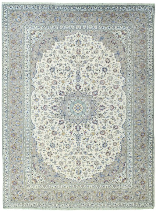 Full view of 2000s Kashan rug from Iran / Persia, 392 × 296 cm in Beige tones