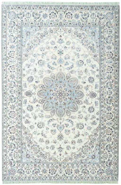 Full view of 2000s Nain rug from Iran / Persia, 301 × 203 cm in Beige tones