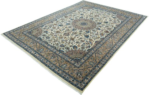 Corner detail of 2000s Kashmar rug showing border pattern and Wool pile