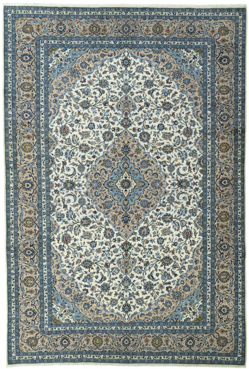 Full view of 2000s Kashan rug from Iran / Persia, 438 × 297 cm in Beige tones