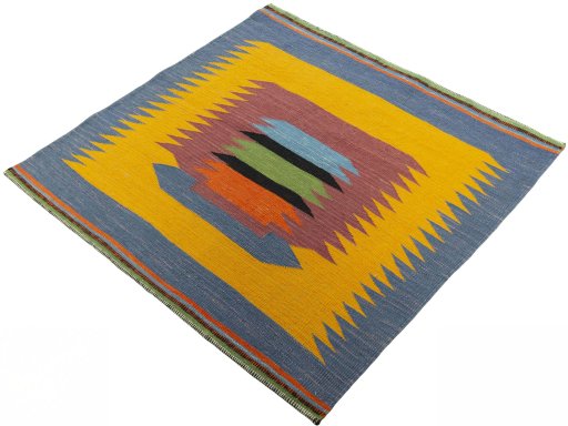 Corner detail of New Kilim Sofre rug showing border pattern and Wool pile