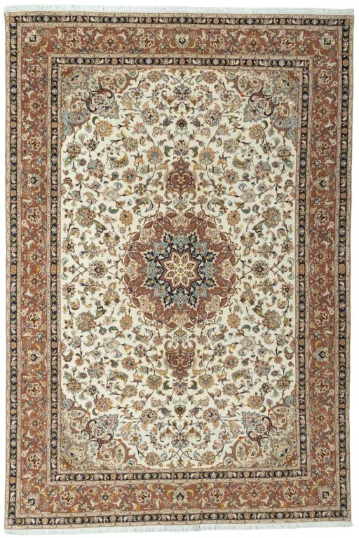Full view of 2000s Tabriz 50/60/70 Raj rug from Iran / Persia, 300 × 202 cm in Beige tones