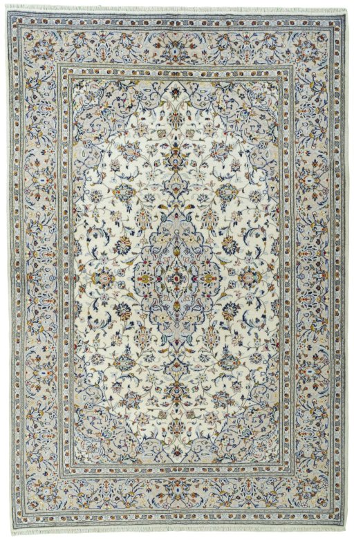 Full view of 2000s Kashan rug from Iran / Persia, 311 × 206 cm in Beige tones
