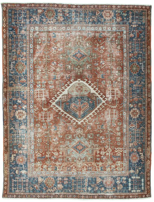 Full view of 1930s Heriz rug from Iran / Persia, 198 × 153 cm in Red tones