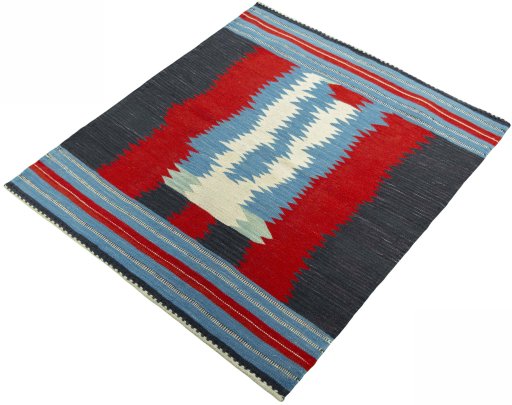 Corner detail of New Kilim Sofre rug showing border pattern and Wool pile