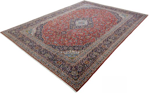 Corner detail of New Kashan rug showing border pattern and Cork pile