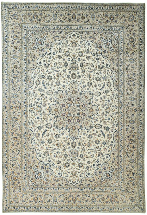Full view of 2000s Kashan rug from Iran / Persia, 490 × 336 cm in Beige tones
