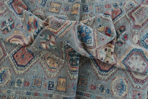 Full view of New Kazak rug from Pakistan, 310 × 259 cm in Gray tones
