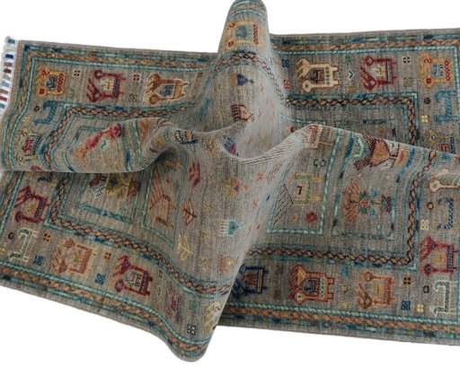 Full view of New Samarkand rug from Pakistan, 123 × 79 cm in Gray tones