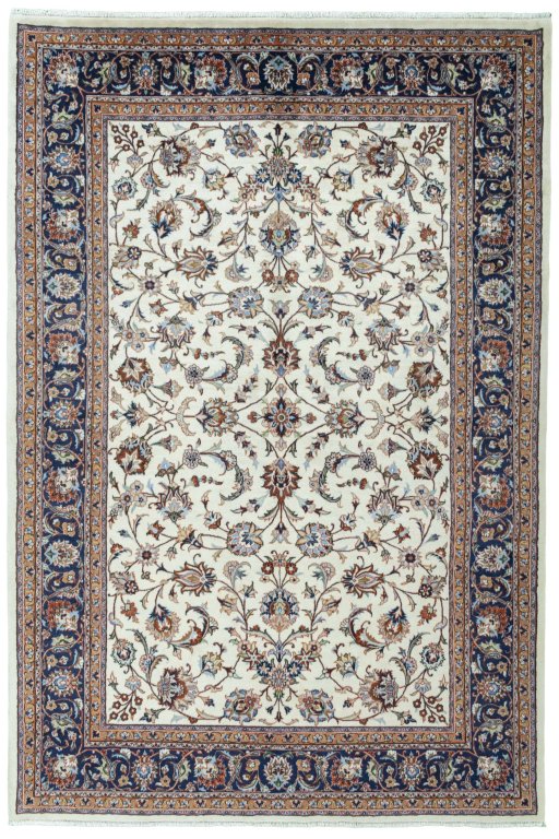 Full view of 2000s Mashad rug from Iran / Persia, 288 × 195 cm in Beige tones