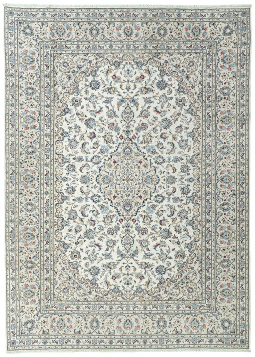 Full view of 2000s Kashan rug from Iran / Persia, 350 × 251 cm in Beige tones