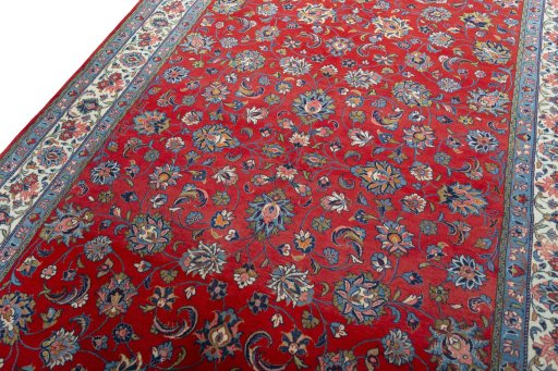 Backside of handmade 2000s Sarough rug showing knot structure and weave density