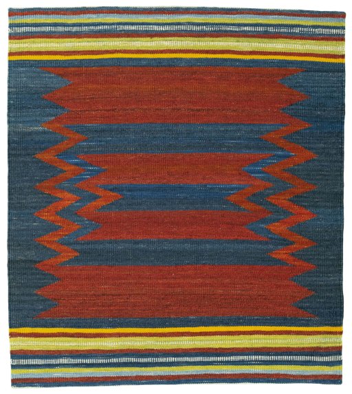 Full view of New Kilim Sofre rug from Turkey, 115 × 103 cm in Multi Color tones