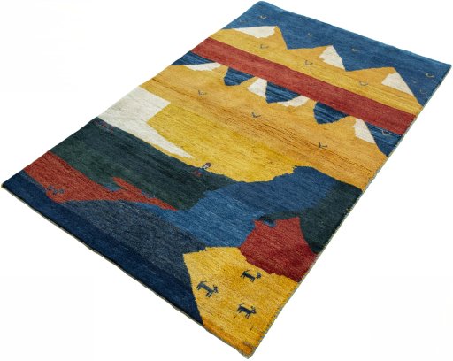 Corner detail of 2000s Persian Gabbeh rug showing border pattern and Wool pile