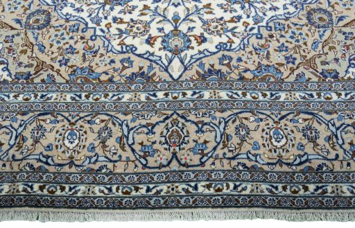Full view of 2000s Kashan rug from Iran / Persia, 407 × 293 cm in Beige tones